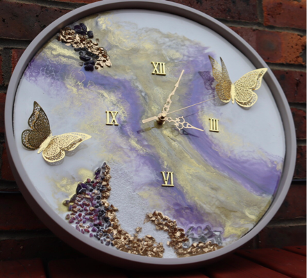 Resin Clock with Real Gemstones and gold butterflies