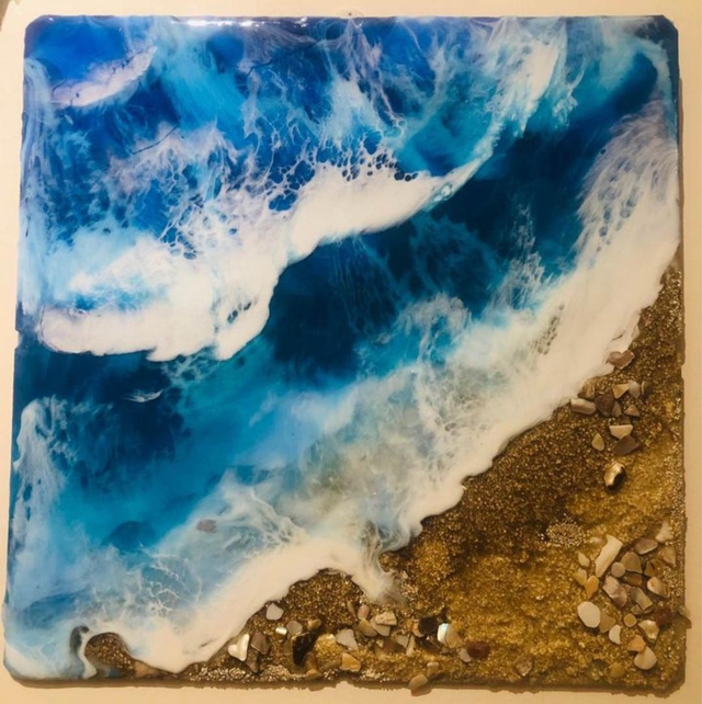 Resin Seascape on wooden panel.